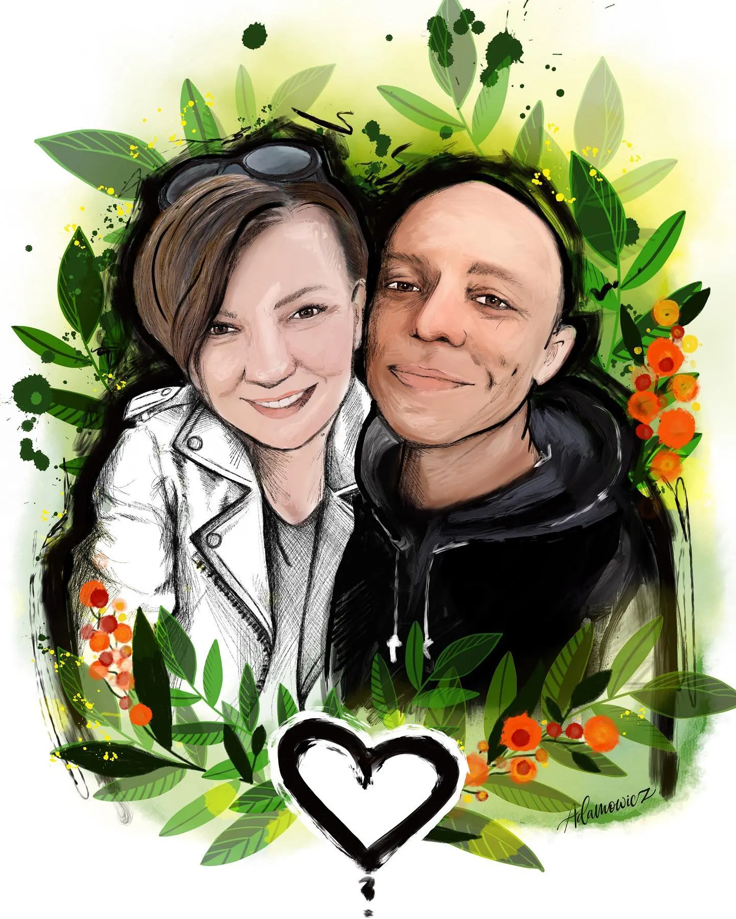 Cyfrowy portret pary w wieńcu z liści i serce
