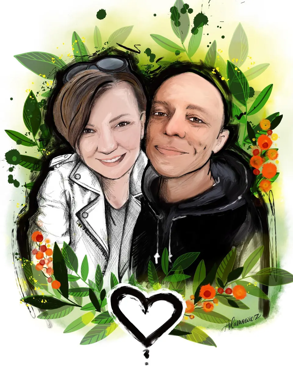 Cyfrowy portret pary w wieńcu z liści i serce